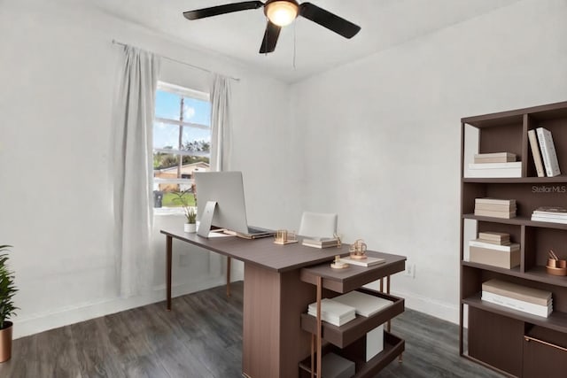 office area with ceiling fan and dark wood-type flooring