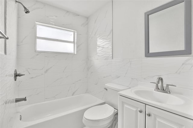 full bathroom featuring vanity, tiled shower / bath combo, decorative backsplash, toilet, and tile walls