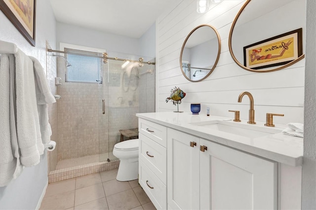 bathroom with tile patterned floors, an enclosed shower, toilet, wooden walls, and vanity