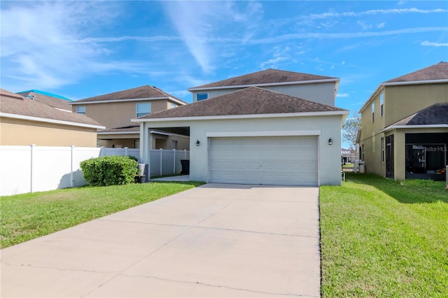 view of front of house with a front yard and a garage