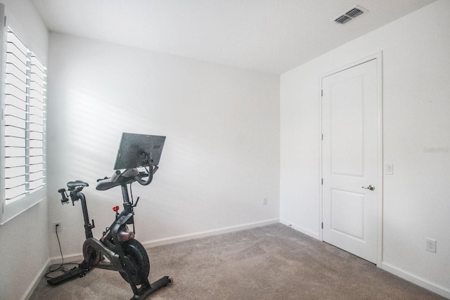 exercise room featuring light carpet