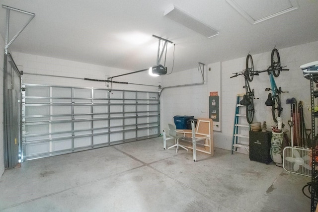 garage featuring a garage door opener and electric panel