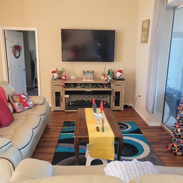 living room with dark hardwood / wood-style flooring