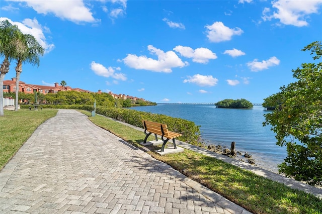 view of home's community with a yard and a water view