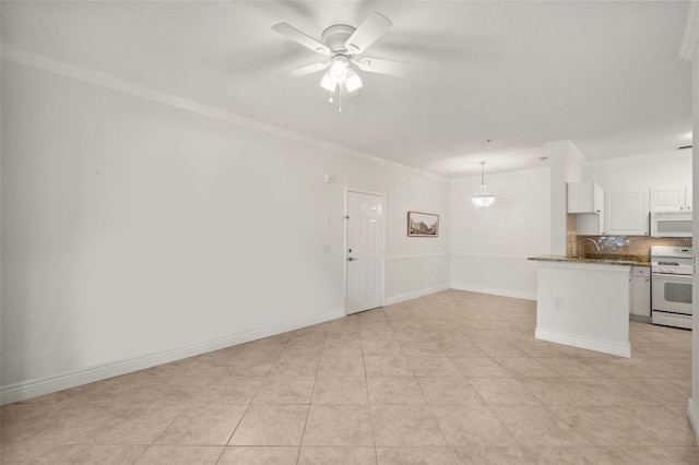 unfurnished living room featuring light tile patterned floors, ceiling fan, and crown molding