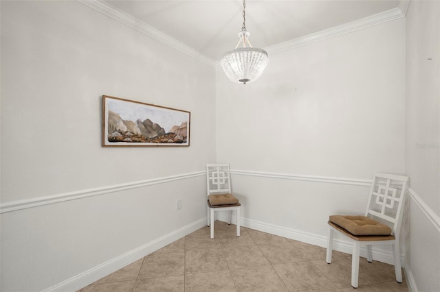 unfurnished room with light tile patterned floors, an inviting chandelier, and ornamental molding