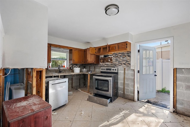 kitchen with stainless steel range with electric stovetop, dishwashing machine, decorative backsplash, and sink