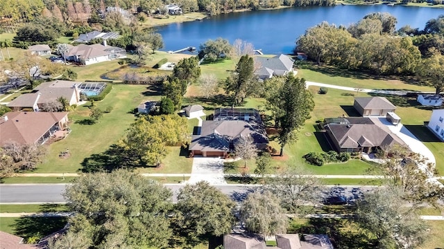 drone / aerial view with a water view