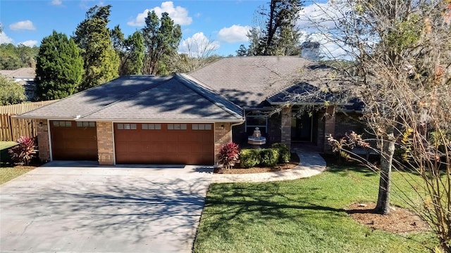 ranch-style house featuring a front yard and a garage