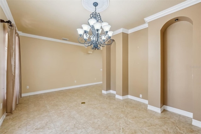 unfurnished room with crown molding and an inviting chandelier