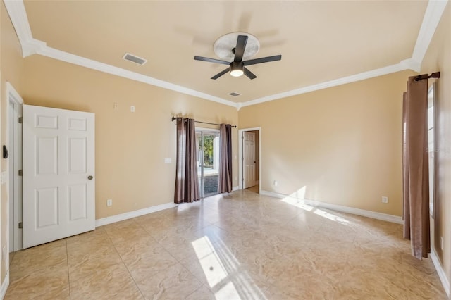 empty room with ceiling fan and crown molding