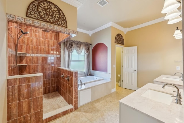 bathroom with tile patterned flooring, vanity, separate shower and tub, and crown molding