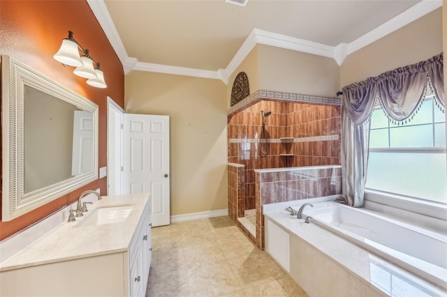 bathroom with separate shower and tub, vanity, and ornamental molding