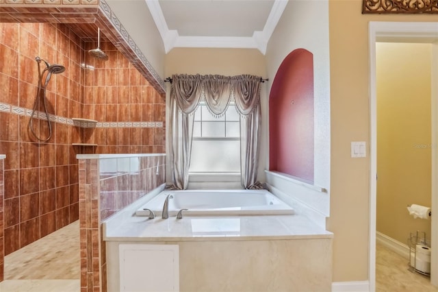 bathroom with crown molding and independent shower and bath