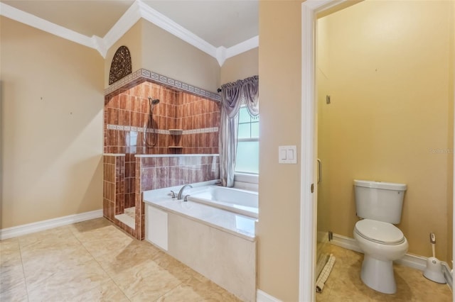 bathroom featuring plus walk in shower, toilet, and ornamental molding