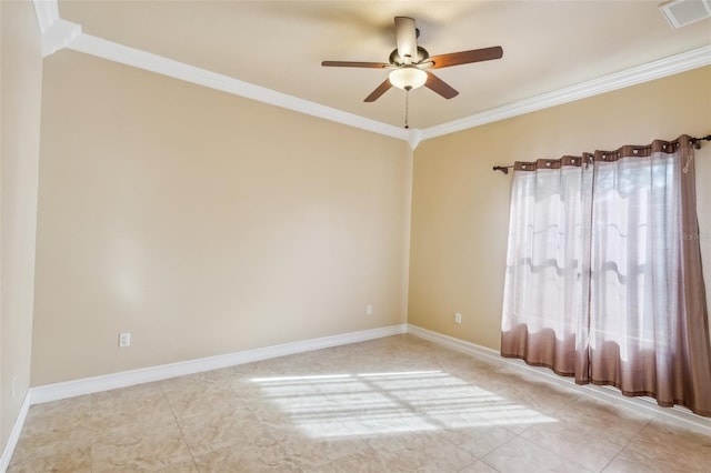 unfurnished room featuring ceiling fan and crown molding