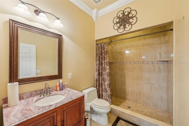 bathroom featuring a shower with curtain, toilet, ornamental molding, and vanity