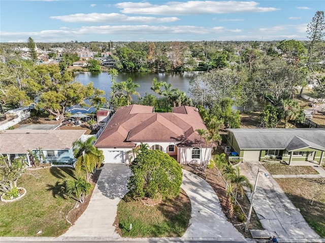 drone / aerial view featuring a water view