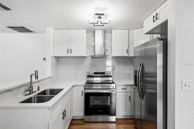 kitchen featuring tasteful backsplash, wall chimney exhaust hood, stainless steel appliances, sink, and white cabinets