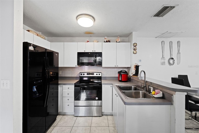 kitchen featuring white cabinetry, sink, kitchen peninsula, a textured ceiling, and black appliances