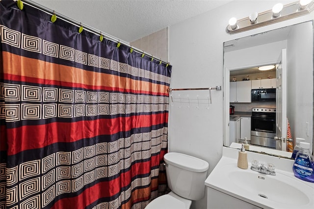 bathroom featuring decorative backsplash, a shower with shower curtain, vanity, a textured ceiling, and toilet