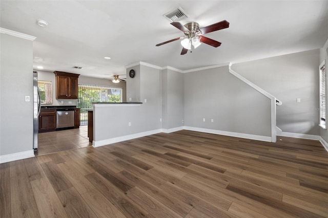 unfurnished living room featuring ceiling fan, ornamental molding, and dark wood-type flooring