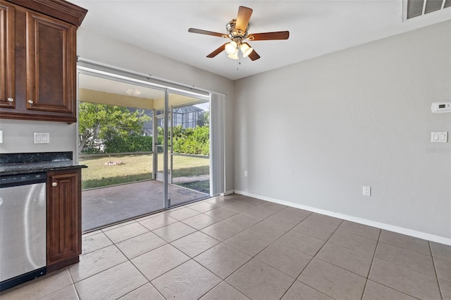 interior space with ceiling fan