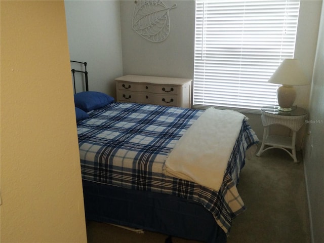 bedroom with dark colored carpet