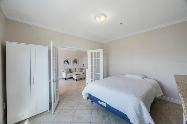 tiled bedroom featuring french doors and ornamental molding