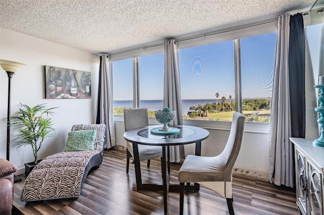 sunroom featuring a water view