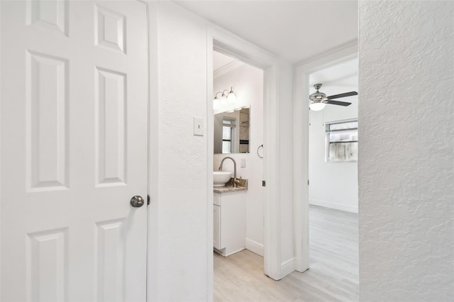 corridor featuring light wood-type flooring and sink