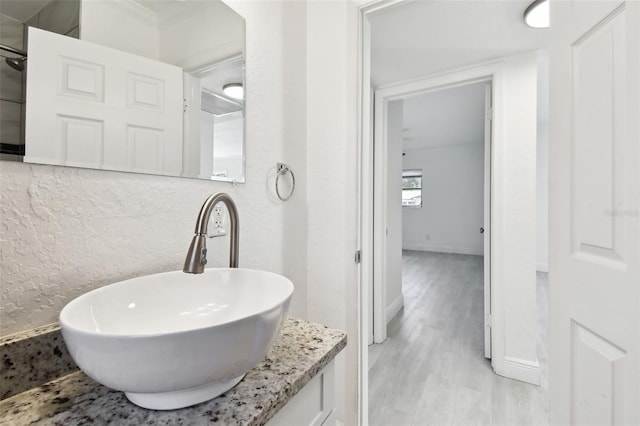 bathroom with vanity and hardwood / wood-style flooring