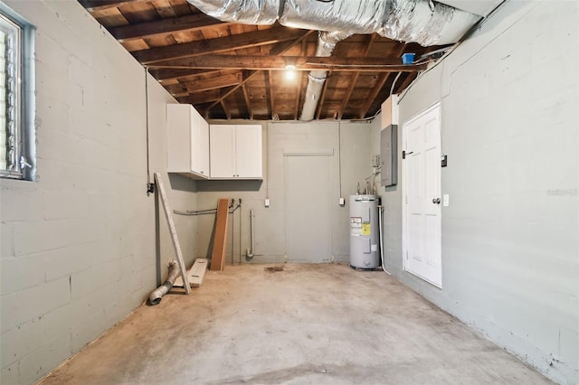 basement featuring electric panel, wooden ceiling, and water heater