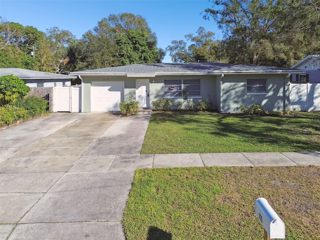 ranch-style house featuring a front lawn and a garage