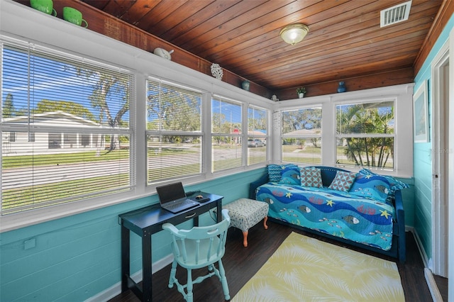 sunroom / solarium featuring wood ceiling