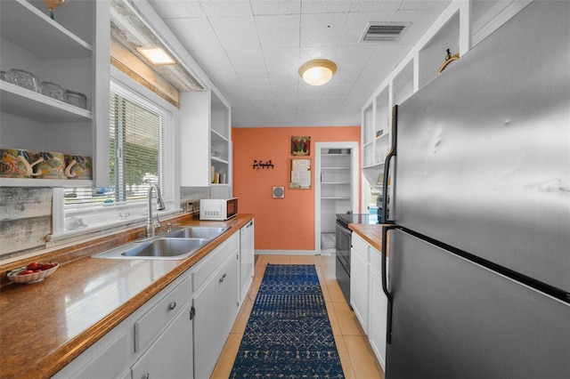 kitchen with built in shelves, white cabinetry, white appliances, and sink