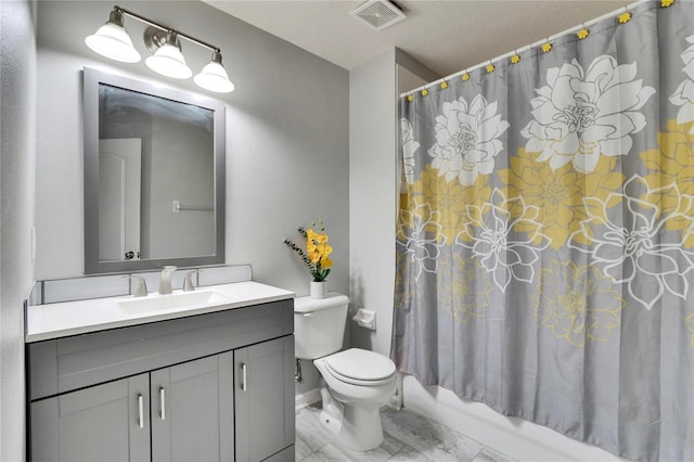 full bathroom with vanity, shower / bathtub combination with curtain, and toilet