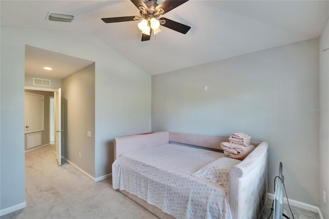 bedroom featuring lofted ceiling, light carpet, and ceiling fan