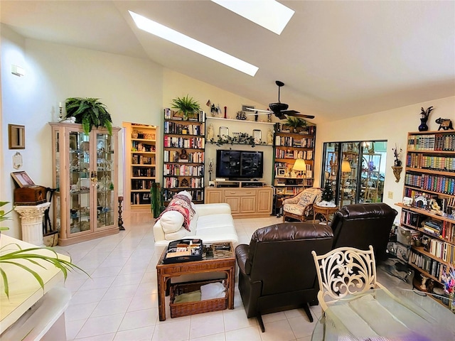 tiled living room featuring vaulted ceiling and ceiling fan