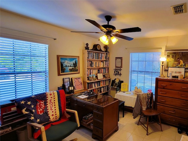 office area featuring ceiling fan and light tile patterned flooring