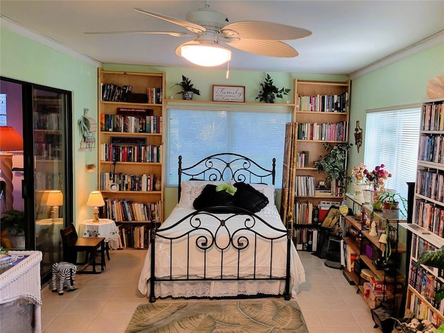 tiled bedroom featuring crown molding