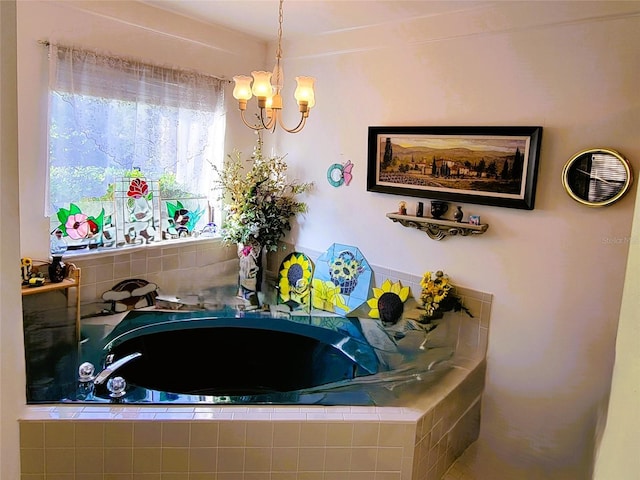 bathroom featuring tiled bath and a chandelier