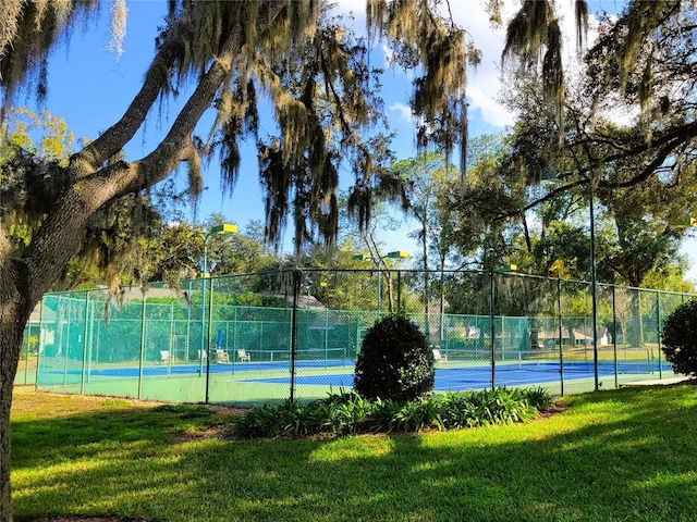 view of sport court with a yard