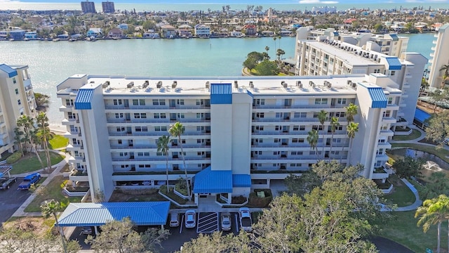 drone / aerial view featuring a water view