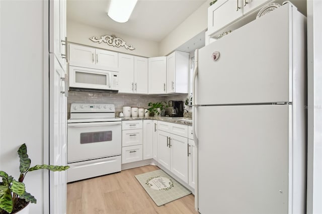 kitchen with tasteful backsplash, white cabinets, white appliances, and light wood-type flooring