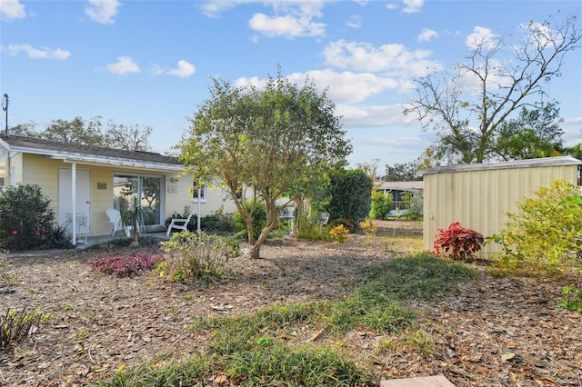 view of yard with a storage shed