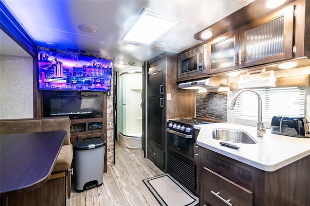 kitchen featuring decorative backsplash, dark brown cabinetry, stainless steel appliances, sink, and light hardwood / wood-style flooring