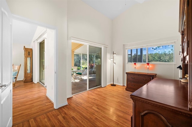 interior space featuring high vaulted ceiling, light hardwood / wood-style floors, and access to exterior