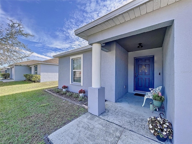 property entrance with a yard