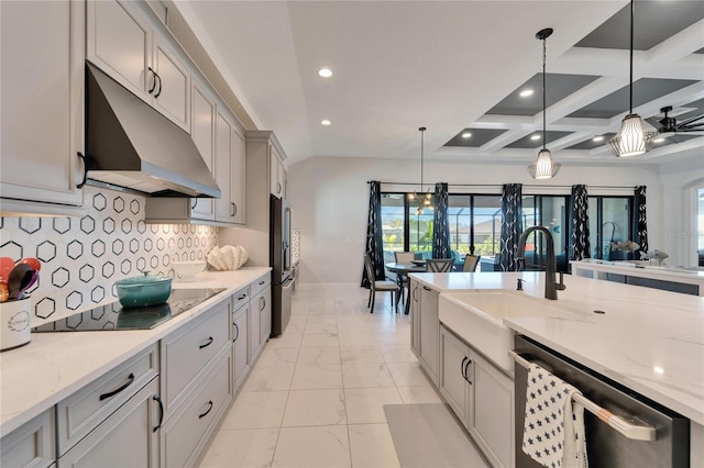 kitchen featuring under cabinet range hood, appliances with stainless steel finishes, a sink, and decorative light fixtures